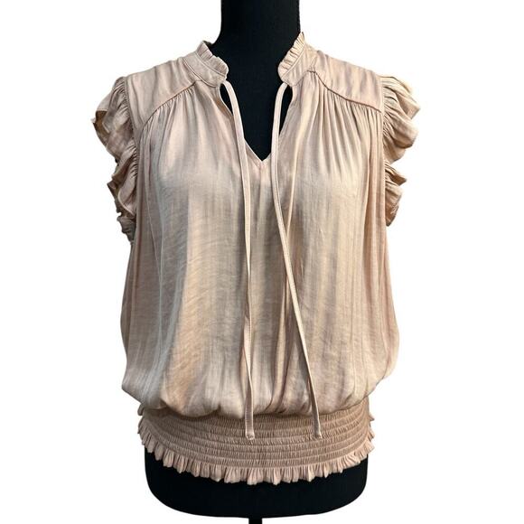 Maison d’Amelie Peasant Blouse Pale Pink Flutter Sleeves Smocked Waist Feminine - Picture 2 of 6